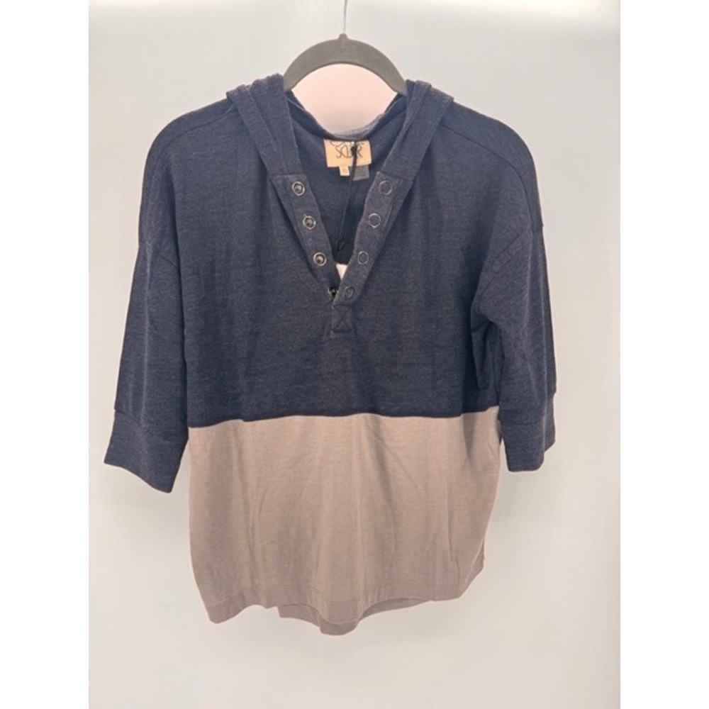 Chaser NEW Women Navy Grey Colorblock Henley Hoodie Flint Top XS Casual